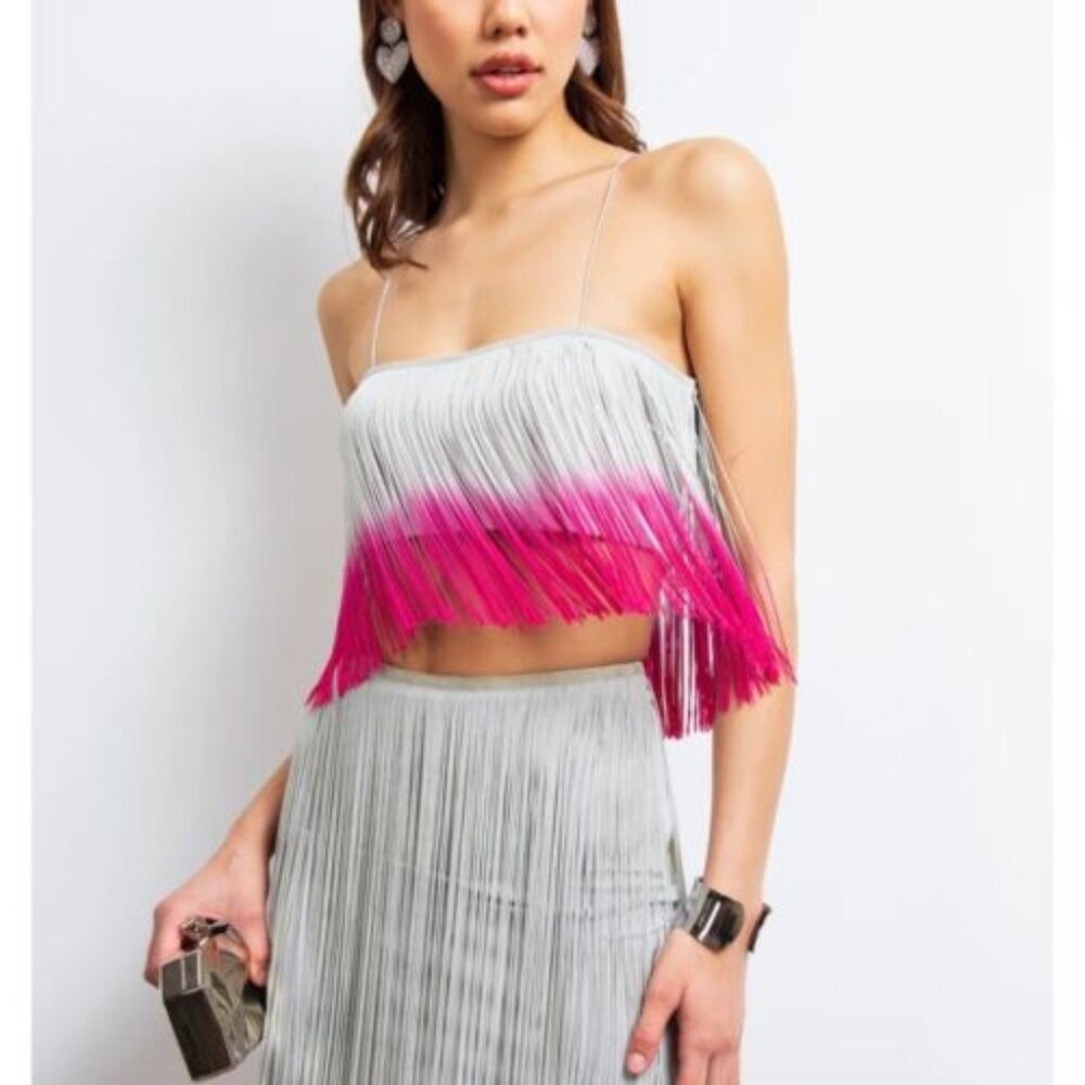 Pink Gray ombre fringe crop top